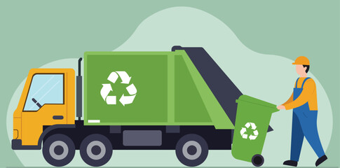 A flat vector illustration of a sanitation worker with a garbage truck collecting a recycling bin, symbolizing waste management and eco-friendly practices © Faisal