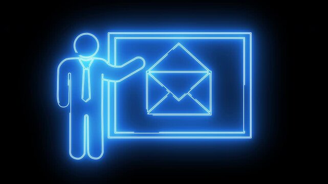 open envelope icon and presentation icon on screen with neon effect