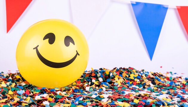 Joyful Smiley Face Balloon Rests on a Bed of Vibrant Confetti with Festive Bunting. - Powered by Adobe