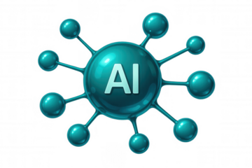 Glossy teal ai icon linking digital networks, symbolizing global connectivity and technological innovation against transparent backdrop