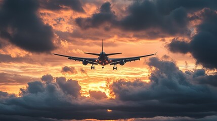 Airplane soaring through dramatic sunset clouds during the enchanting golden hour
