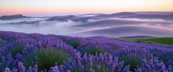 Fototapeta premium Lavender fields blooming across rolling hills with morning mist and colorful sunrise sky, vibrant purple flowers in full bloom creating peaceful romantic scenery ideal for travel, relaxation, nature a