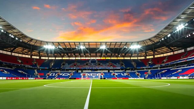 Open, empty soccer stadium with a vibrant sunset sky above it - Powered by Adobe