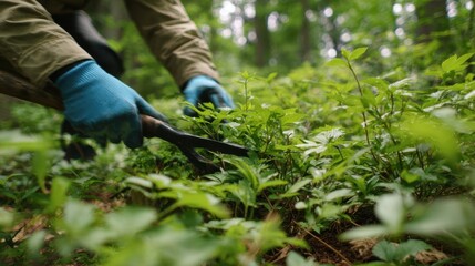 Naklejka premium Medium shot capturing a volunteer clearing invasive plants from forest floor sharp focus on arms and tool with softly defocused lush greenery around.