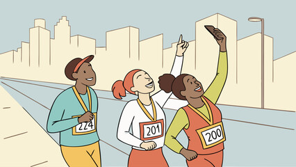 Three Marathon Runners Celebrating with a Selfie.