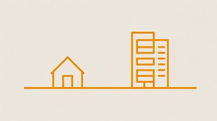 Minimalist Line Art Illustration Of A Small House And A Tall Building On A Beige Background
