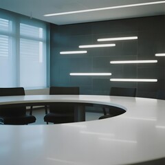Modern conference room with sleek white table, black chairs, and horizontal light fixtures against a dark wall.