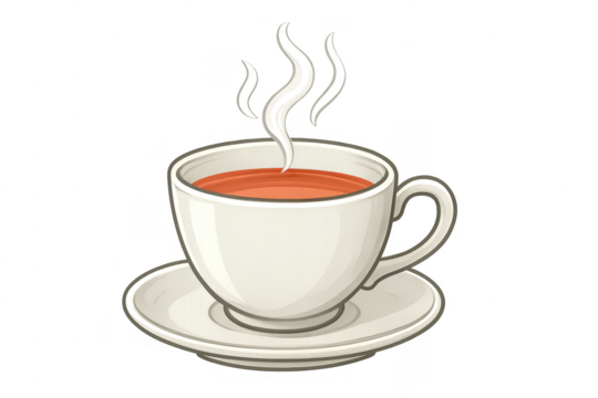 Steaming cup of tea on transparent background with saucer