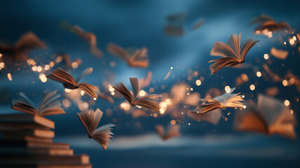 Tornado of flying books spinning fast, glowing pages fluttering, soft twilight glow, fantasy theme