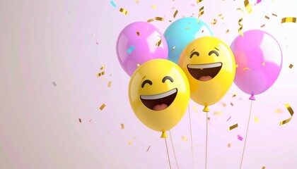 Vibrant 3D Laughing Emoji Balloons Floating Amidst Golden Confetti.