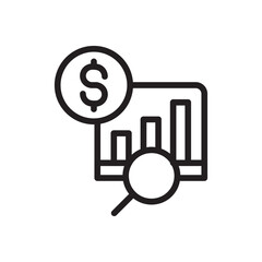 Financial Analysis Icon: Chart, Magnifying Glass, Dollar Sign