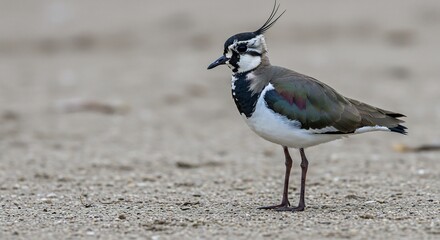 砂浜歩く優雅な鳥 繊細な羽根 柔らかな光輝く. AI Generated