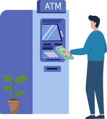 A man withdraws cash from an ATM. This flat vector illustration represents banking, personal finance, and automated financial transactions