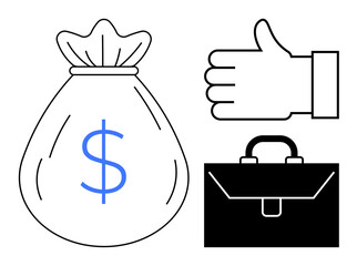 Money bag with dollar sign, thumbs-up signifying approval, and briefcase for business activities. Ideal for finance, work, investment, entrepreneurship, savings, career simple landing page