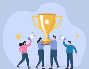A successful team celebrates with a giant trophy. This flat vector illustration symbolizes teamwork, victory, and shared achievement