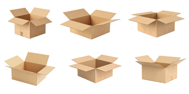 3D cardboard box set isolated on transparent background. Render delivery cargo box. 3d realistic illustration.