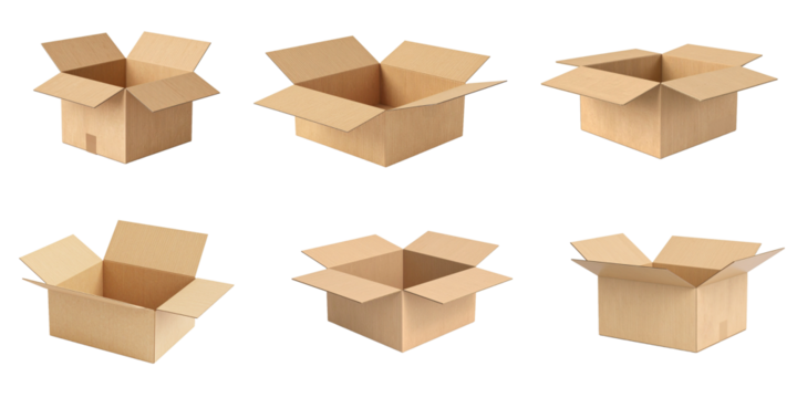 3D cardboard box set isolated on transparent background. Render delivery cargo box. 3d realistic illustration.