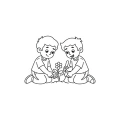 Two Boys Planting a Flower Together: A Coloring Page Illustration