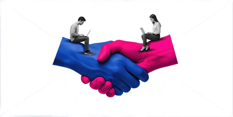 Two people on laptops sit on giant blue and pink hands shaking isolate collage art partnership business
