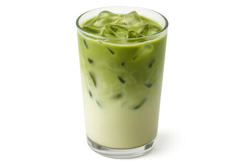 Iced matcha latte in a glass with ice cubes on transparent background