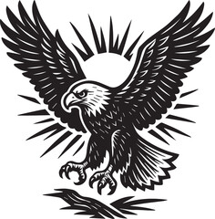 Fototapeta premium Eagle Soaring with Radiant Sunburst, in Black and White Linocut Style Art