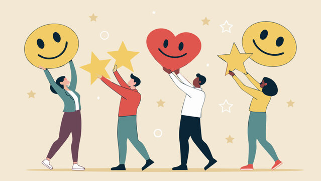 Diverse Group Holding Smiley Faces and Stars. - Powered by Adobe