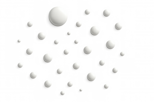 Realistic 3d render of white spheres floating on a transparent background, creating an abstract and modern composition