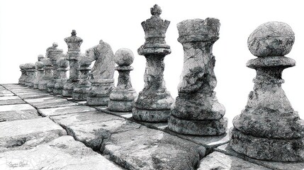 Distressed stone chess pieces lined up on a weathered chessboard, monochrome