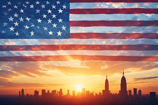 An American flag waves solemnly at sunset above the city skyline, symbolizing remembrance and resilience after September 11 - Powered by Adobe