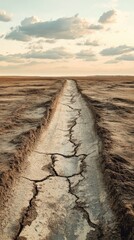 A long, cracked road in a desert