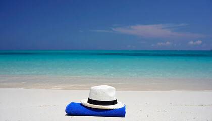 Obraz premium Striped blue towel folded near straw hat on sandy beach , holiday, color