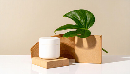 white skincare jar mockup on wooden podium with green leaves, natural setting, minimalist product photography