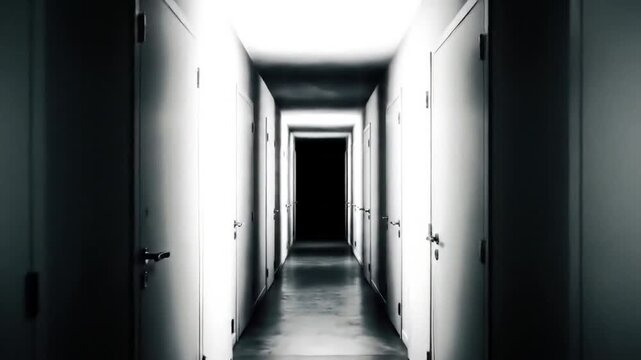 Long White Hallway With Dark Shadows and Many Doors