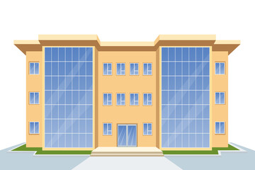 a three story office building with glass windows in yellow tones