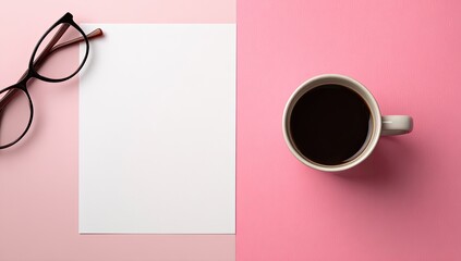 Eyeglasses, blank paper, and coffee cup on pink background. Overhead shot