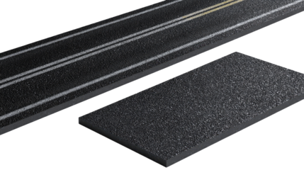 Roadway section and patch, isometric view.  Dark gray asphalt, two white lines