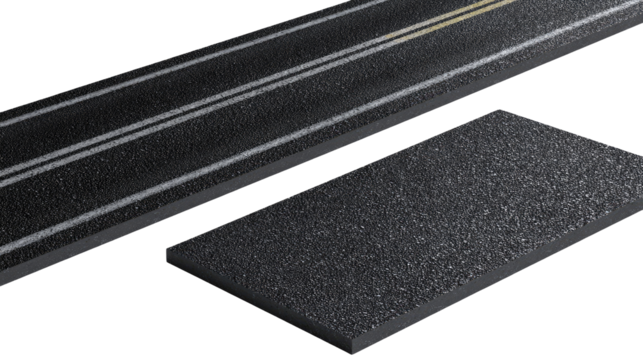 Roadway section and patch, isometric view.  Dark gray asphalt, two white lines