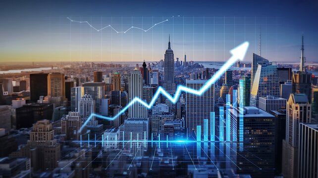 Digital business growth visualization upward arrow graph over cityscape at dusk - Powered by Adobe