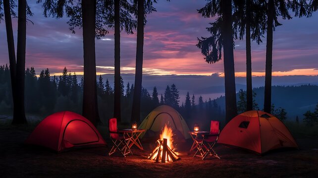 Dramatic sunset camping scene with campfire and tents in a forest with lake view - Powered by Adobe