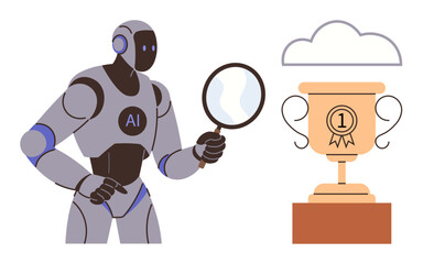 AI robot examining a trophy closely with a magnifying glass under a cloud. Ideal for technology, AI innovation, machine learning, achievement, evaluation, analysis, and success concepts. Clean