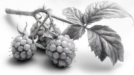 Obraz premium Raspberries on a branch, detailed grayscale drawing, showing texture and light