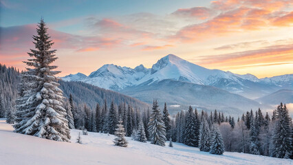Stunning Winter Sunrise over Snowy Mountain Peaks