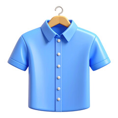 A light blue short-sleeved collared shirt hangs neatly on a wooden clothes hanger against a white background.