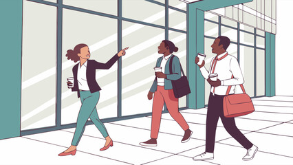 Fototapeta premium Three Business Professionals Walking and Holding Coffee Cups.