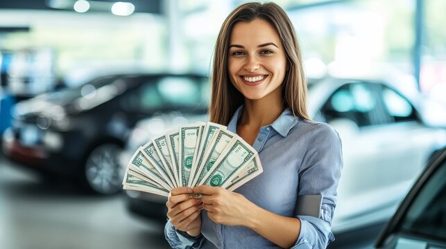 Woman customer enthusiastically holds cash while eyeing new car at the showroom dealership - Powered by Adobe