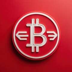 Obraz premium Closeup view of a minimalist metallic Bitcoin cryptocurrency logo or icon against a vibrant red background