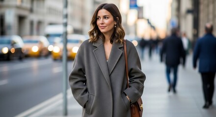 Fototapeta premium Woman in a grey coat on a city street