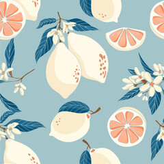 Fresh seamless pattern of cream lemons and leaves with white flowers on blue background, great for summer, kitchen, and citrus designs.