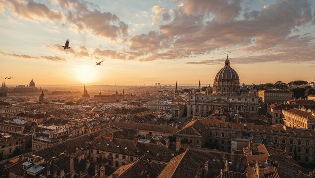 ultra realistic fly over Vatican City in a warm summer evening with the sun setting behind the horizon, casting a golden glow over the terracotta rooftops and historic architecture, the sky is painted