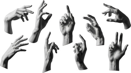Collection of nine distinct human hands showing various gestures and finger positions isolated with collage